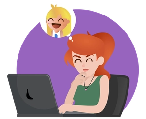 This illustration shows a smiling mother at her laptop thinking about her daughter learning Spanish, representing the beginning of the registration process on our platform
