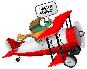Cartoon lizard waving from a red airplane with a “Hasta luego” sign, representing a dynamic Spanish program for kids taught by native-speaking teachers.