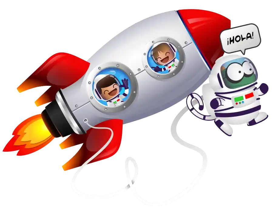 Rocket with kids and mascot showing how fun online Spanish lessons are at Kids' Club