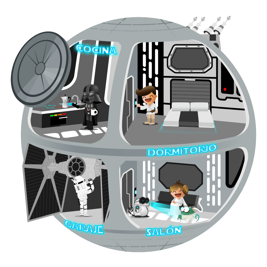 Cartoon classroom scene inspired by Star Wars, with Spanish vocabulary used in an imaginative setting to keep kids engaged in learning.