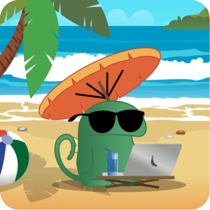 Cartoon lizard sitting on the beach learning Spanish on a device, showing kids can study from anywhere with internet access.