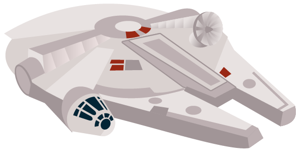 Illustration of the Millennium Falcon flying through a galaxy background, used as a decorative element in the homepage slider.