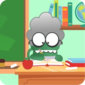Cartoon character dressed as a Spanish teacher writing at a desk, representing one-on-one online Spanish tutoring for kids.