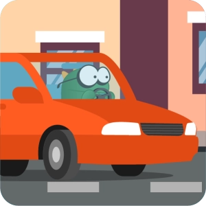Cartoon character driving a car looking for Spanish classes near home, symbolizing learning online from anywhere.