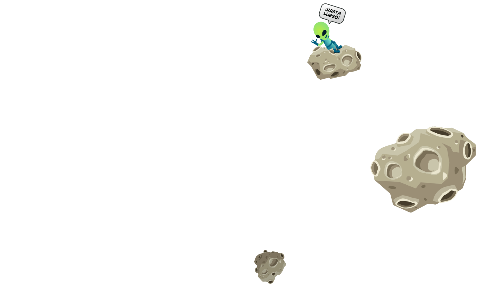 Alien cartoon saying “¡Hasta luego!” on asteroid, fun Spanish-themed design element for kids
